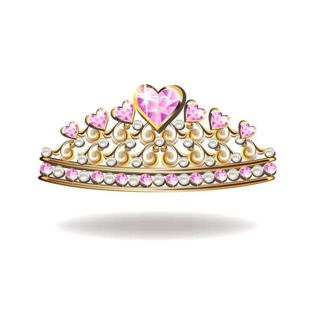 Princess crown or tiara with pearls and pink gems in the shape of a heart vector illustration isolated on white background.のイラスト素材