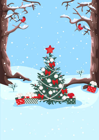 Merry Christmas. The Christmas tree is decorated with balls and garlands and presents against the backdrop of a winter landscape. Vector vertical illustration for poster, greeting card or flyerのイラスト素材