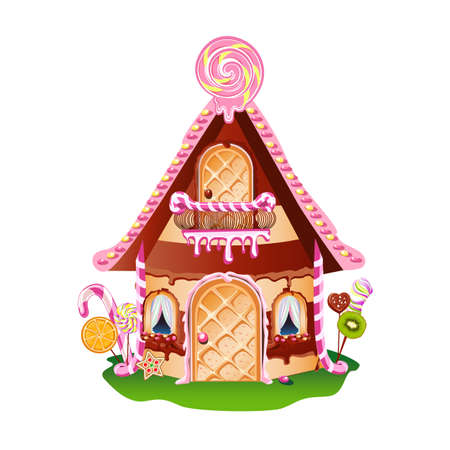 Sweet house with waffle door, caramel balcony, chocolate and decorated with sweets. Fairy tale vector illustration of a house from a candy land.のイラスト素材
