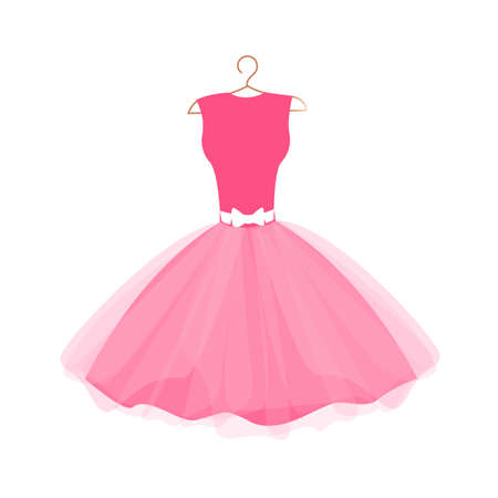 Beautiful little pink dress on a hanger. Evening wear. Vector clothing silhouette for decorating flyers, postcards or labelsのイラスト素材