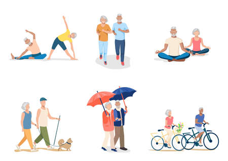 Active elderly people walk, run, ride bicycles, do gymnastics, do yoga. Set of vector illustrations of active elderly couple.のイラスト素材