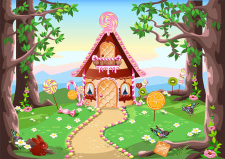 sweet little house with chocolate, waffles and cookies, decorated with sweets, stands in a forest glade. Fairy tale background with gingerbread house in cartoon style vector illustrationのイラスト素材