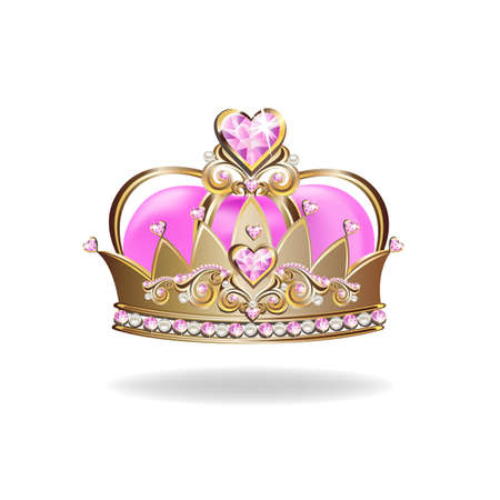 Princess crown or tiara with pearls and pink gems in the shape of a heart vector illustration isolated on white background.のイラスト素材