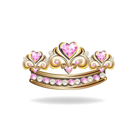 Princess crown or tiara with pearls and pink gems in the shape of a heart vector illustration isolated on white background.のイラスト素材
