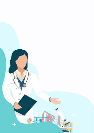 The doctor stands and extends a helping hand to patients. Vector illustration with doctor, pills, medical flasks, microscope on an abstract background.のイラスト素材