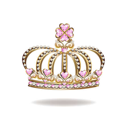 Princess crown or tiara with pearls and pink gems in the shape of a heart vector illustration isolated on white background.のイラスト素材