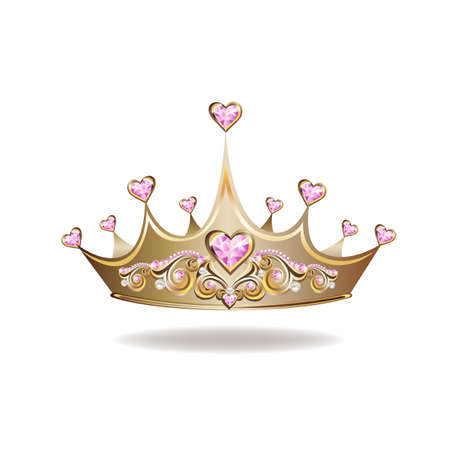 Princess crown or tiara with pearls and pink gems in the shape of a heart vector illustration isolated on white background.のイラスト素材