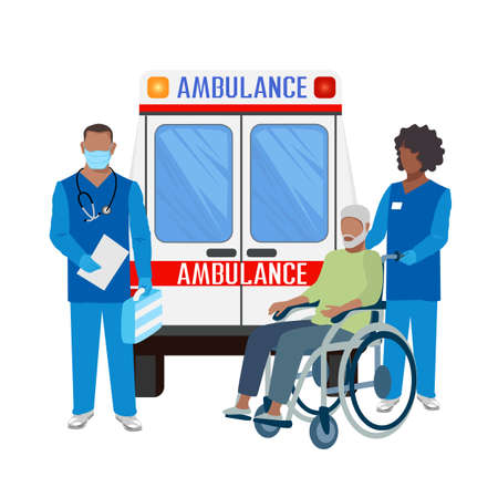 Paramedics assist a patient in an ambulance. The patient is connected to a ventilator. Thanks to the doctors and nurses. Urgent hospitalization. Vecton illustration.のイラスト素材
