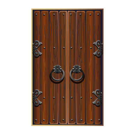 Antique fabulous door with forged handles. Double-leaf wooden door with metal decorations. A fabulous door to a magical land. Vector illustration isolated on white background.のイラスト素材