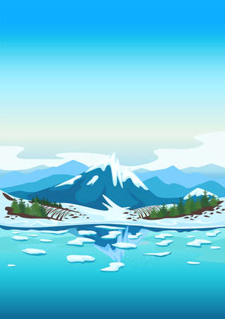 Spring landscape with a river, mountains in the snow, forest, fields, melting snow. Beautiful spring background illustration. Vectorのイラスト素材