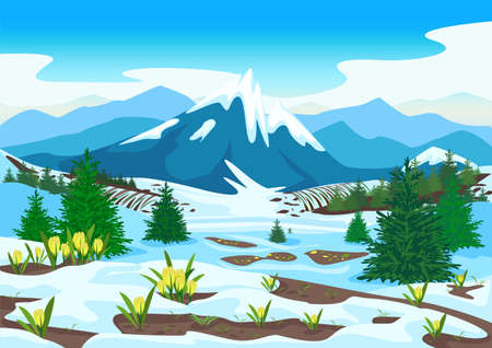 Spring landscape with mountains, forest, glades, melting snow and yellow crocuses. Beautiful spring background illustration. Vectorのイラスト素材