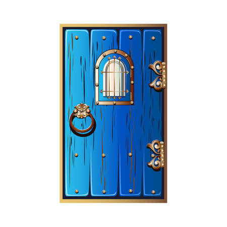 An ancient fabulous door with a window and wrought iron handles. The door is painted blue with gold metal decorations. Fairy tale door to a magical land. Vector illustration.のイラスト素材