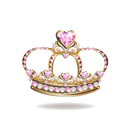 Princess crown or tiara with pearls and pink gems in the shape of a heart vector illustration isolated on white background.のイラスト素材