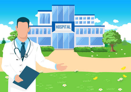 A friendly doctor stands in front of a modern hospital building. Thanks to the doctors and nurses. Vector illustration.のイラスト素材