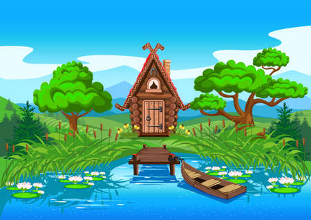 Fairy tale house made of logs on the shore of a beautiful lake. A pier and a boat not far from the house. Vector illustration in cartoon style.のイラスト素材