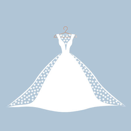 A beautiful dress on a hanger for a wedding, evening or prom. Beauty and fashion. Background vector illustration template for invitation, flyer or card.のイラスト素材
