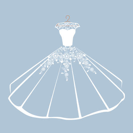 A beautiful dress on a hanger for a wedding, evening or prom. Beauty and fashion. Background vector illustration template for invitation, flyer or card.のイラスト素材