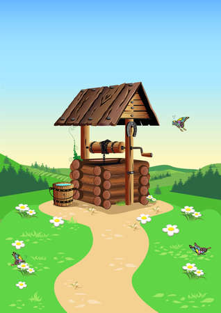 An old rustic well made of logs with a wooden roof against the background of a summer landscape. Country road to a well with clean water. Fairy tale vector illustration in cartoon style.のイラスト素材