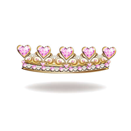 Princess crown or tiara with pearls and pink gems in the shape of a heart vector illustration isolated on white background.のイラスト素材
