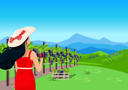 A beautiful girl with loose hair and a glass of wine in her hand looks at the vineyard. Grape harvest and winemaking. Vector illustration.のイラスト素材