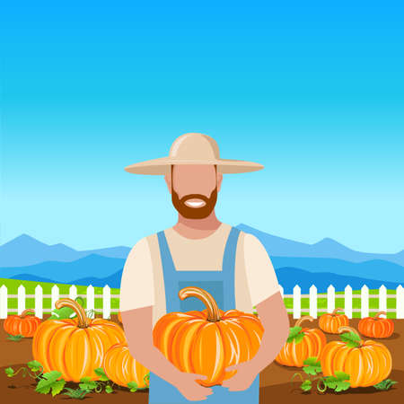 A happy farmer in a straw hat with a large pumpkin in his hands stands on a field with ripe pumpkins. Pumpkin harvest. Harvest celebration. Thanksgiving Day. Vector illustration.のイラスト素材