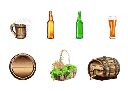 Set of realistic illustrations of beer barrel, beer glass, glass, bottle, basket with hops and malt. Vector elements for decorating a poster, flyer, card or beer menu. Festival of beer.のイラスト素材