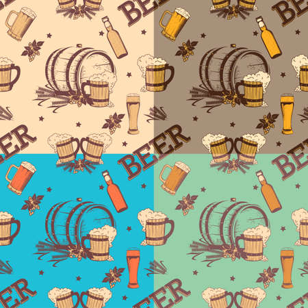 Set of beer patterns with glasses, barrels, hops and vintage elements. Beer background for wrapping paper, wallpaper or flyerのイラスト素材