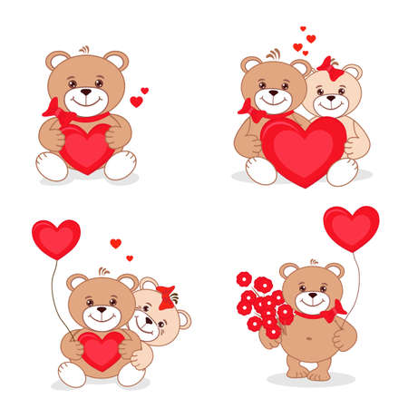 Happy and in love Teddy bear with red hearts. Happy valentines day. Vector greeting card template set.のイラスト素材