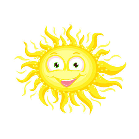A friendly sun with curly rays and a smiling face. Vector illustration in cartoon style on a white background.のイラスト素材