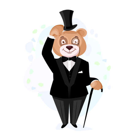 Bear in retro clothes. Bear gentleman with walking stick and tselindr hat. Vector illustration in cartoon style.のイラスト素材