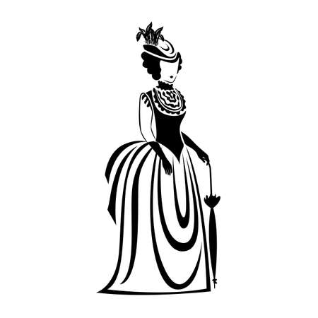 Woman in retro clothes 19th century. Vector illustration. The silhouette of a woman is drawn with a line.のイラスト素材