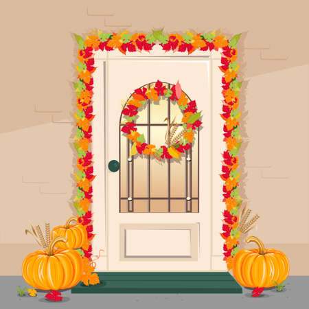 Vector illustration of a door decorated with autumn foliage and pumpkins. Happy Thanksgiving Day. Bright illustration for a postcard, congratulations, flyer or posterのイラスト素材