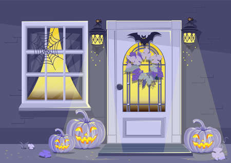 The front door is decorated for Halloween with cheerful pumpkins, a bat, cobwebs and antique lanterns. Happy Halloween. Bright vector illustration for postcard, congratulations, flyer or posterのイラスト素材