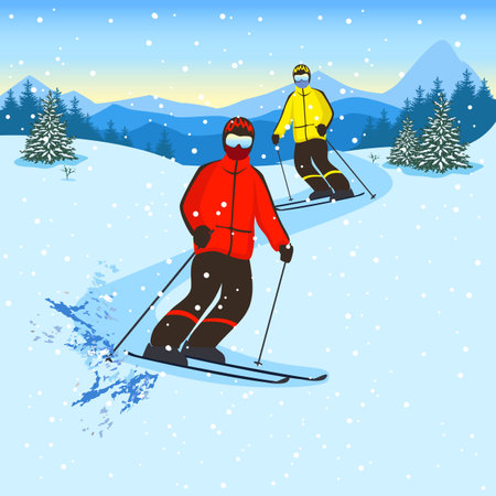Vector illustration of a young man skiing in the mountains. Winter recreation and sports. Active lifestyle. Extreme sports.のイラスト素材