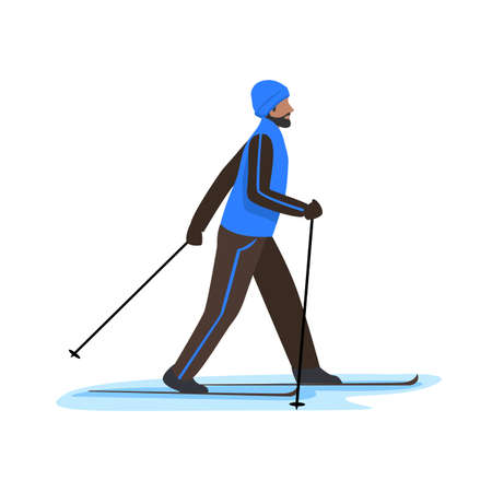 A man in a ski suit is skiing. Winter recreation and sports. Active lifestyle. Extreme sports. Vector illustration isolated on white background.のイラスト素材