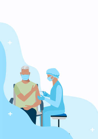 A nurse injects an antivirus vaccine into an elderly man. Vaccination time. Vector illustration. Prevention of viral infection.のイラスト素材