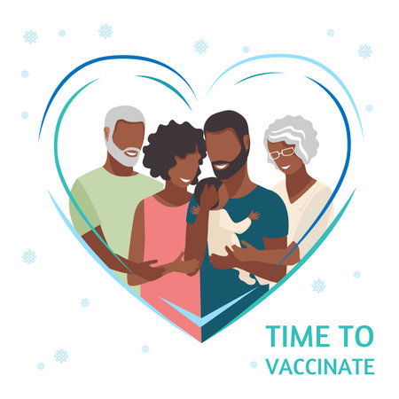 Family vaccination and protection against the virus. Vaccination time. A married couple with a child and elderly parents hug after vaccination and are protected from the virus. Vector illustration.のイラスト素材