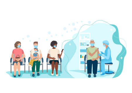 A nurse injects an antivirus vaccine into an elderly man. Patients are waiting in line to get vaccinated. Vaccination time. Vector illustration. Prevention of viral infection.のイラスト素材