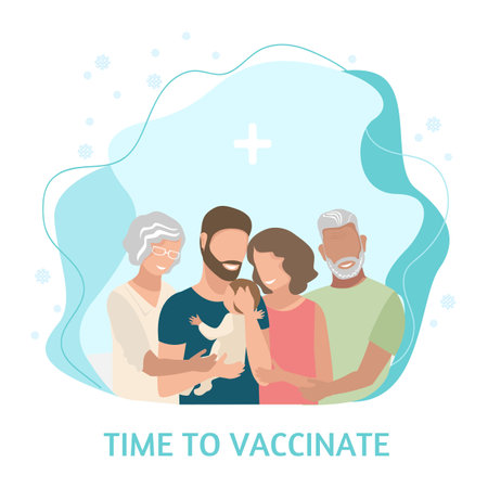 Family vaccination and protection against the virus. Vaccination time. A married couple with a child and elderly parents hug after vaccination and are protected from the virus. Vector illustration.のイラスト素材