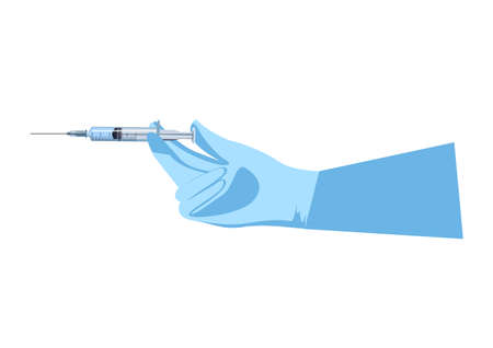 A hand in a medical glove holds a disposable syringe for injection. Vector illustration in flat style isolated on white background.のイラスト素材