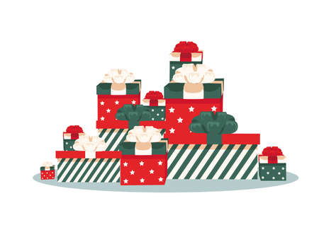 A lot of Christmas gifts in boxes with bows on a white background. Vector illustration in cartoon style for decorating a flyer, postcard or poster. Merry christmas and new year.のイラスト素材