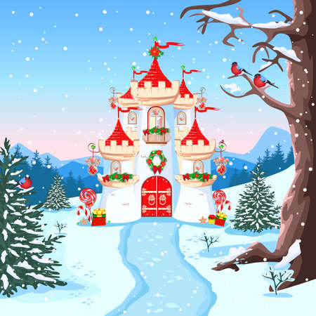 A beautiful princess castle with red roofs, balcony and Christmas decorations. Vector illustration of a fairy tale castle on a winter background in the forest. Winter fairy tale. Christmas mood.のイラスト素材