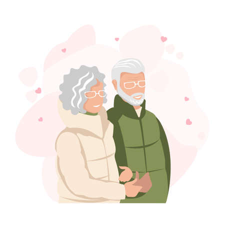 Happy loving couple together forever. Flat vector illustration of lovers elderly man and woman. Happy Valentine's Day. Isolated over white background.のイラスト素材