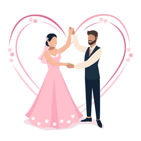 Happy bride and groom get married. Flat vector illustration of enamored man and woman in wedding clothes. Together forever. on an abstract background with hearts.のイラスト素材