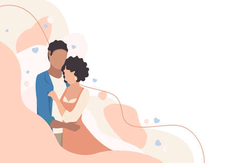 Cute couple of lovers are hugging and having fun. Flat vector illustration of enamored man and woman on an abstract background. Happy Valentine's Day.のイラスト素材