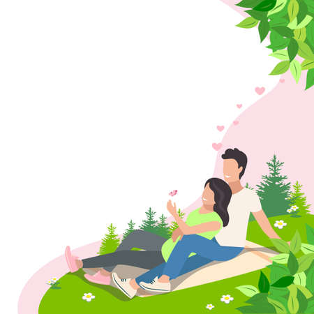 Cute couple of lovers are hugging and having fun. Flat vector illustration of enamored man and woman on an abstract background. Happy Valentine's Day.のイラスト素材