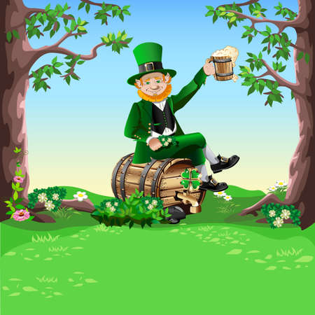Celebrating St. Patrick's Day. Cheerful leprechaun in a green hat. Vector character illustration in cartoon style. Template for postcard, poster or media.のイラスト素材