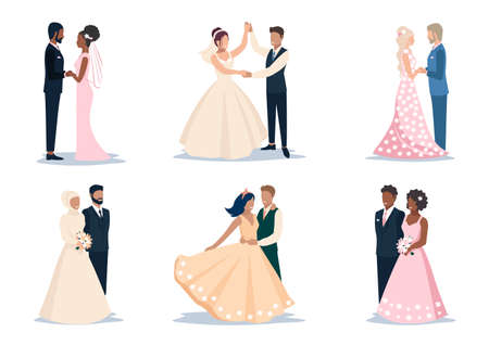 Set of happy bride and groom getting married. Flat vector illustration of man and woman in love in wedding clothes isolated on white background.のイラスト素材