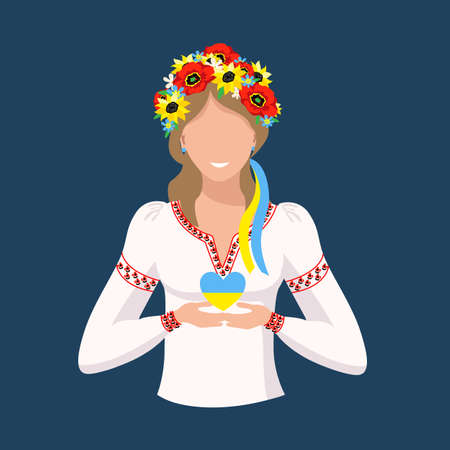 Friendly Ukrainian girl in national clothes with a heart painted in the colors of the Ukrainian flag. Support and Pray for Ukraine.のイラスト素材