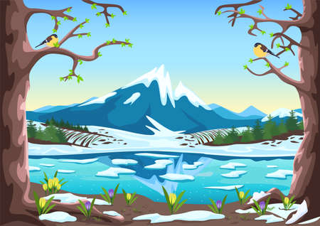 Spring landscape with river, mountains, forest, fields, melting snow and crocus. Beautiful spring background illustration. vectorのイラスト素材